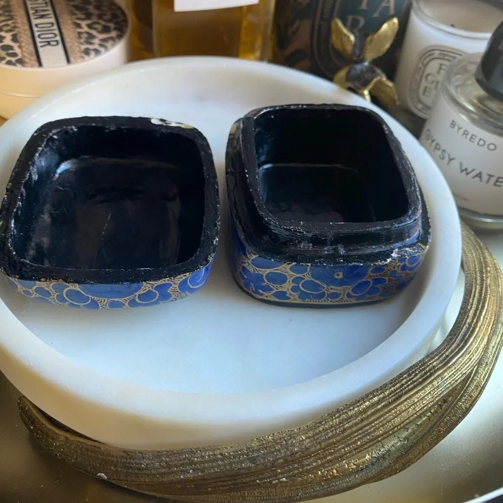 Vintage blue and gold handpainted lacquered trinket box
